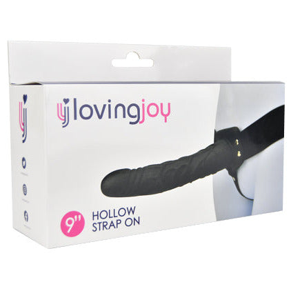 Loving Joy 9 Inch Hollow Pegging Strap-On Black Penis Extender on a white background