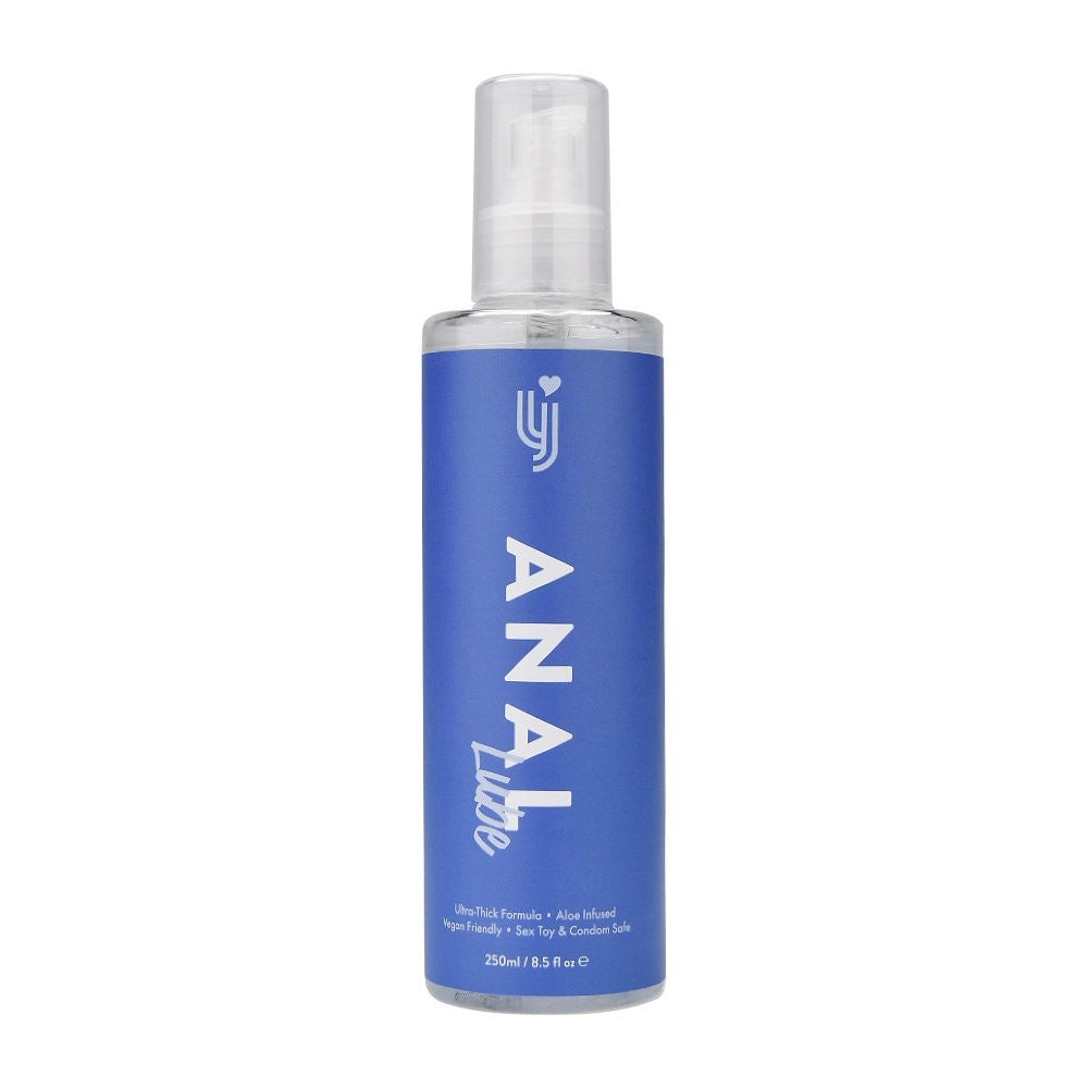 Blue bottle of Anal Lube with a white cap on a white background