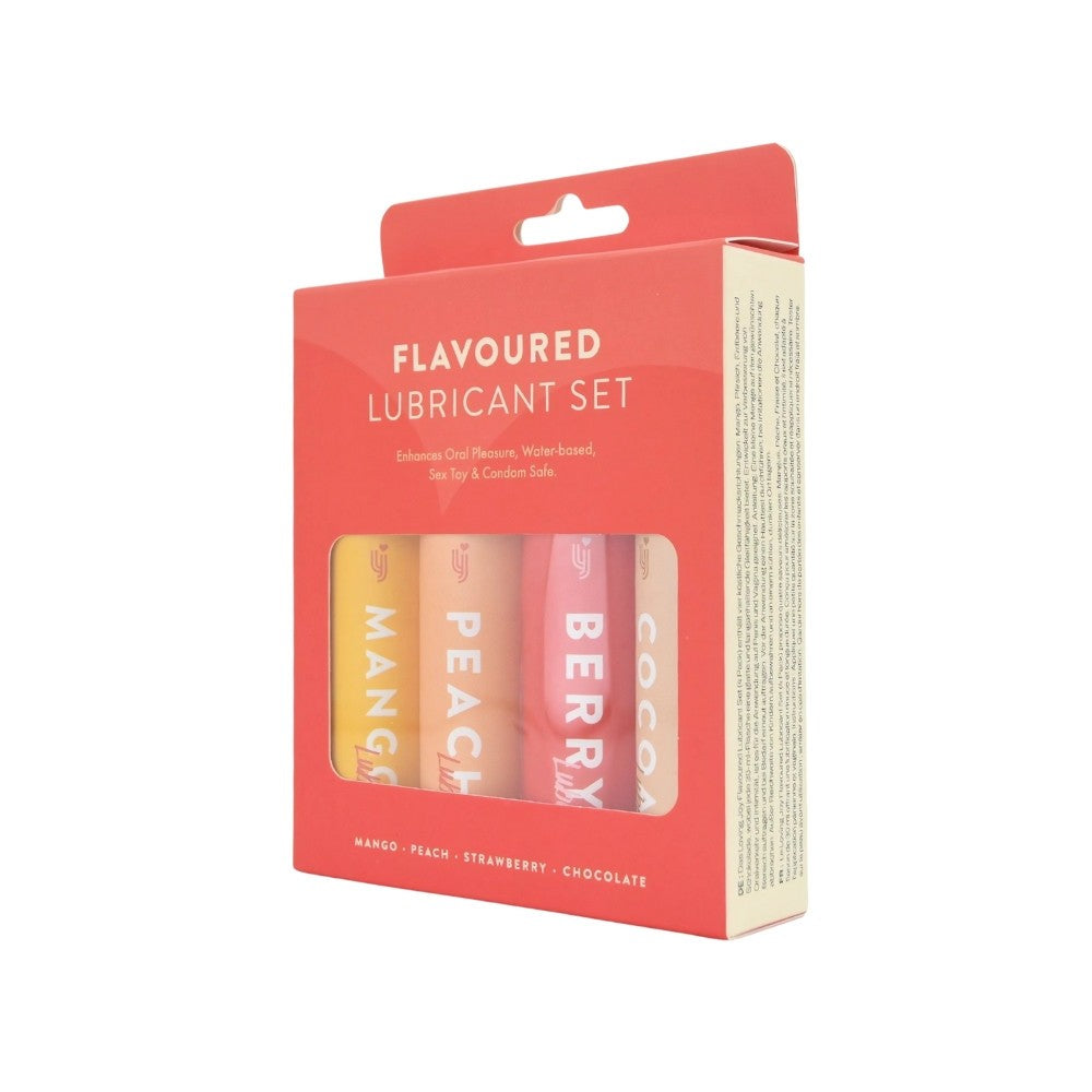 Flavored lubricant set packaging with visible product names on a white background