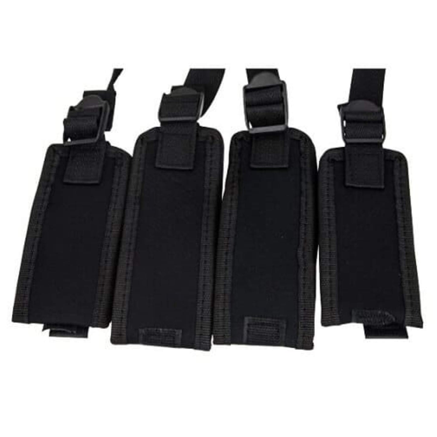 Four bondage strap cuffs on a white background
