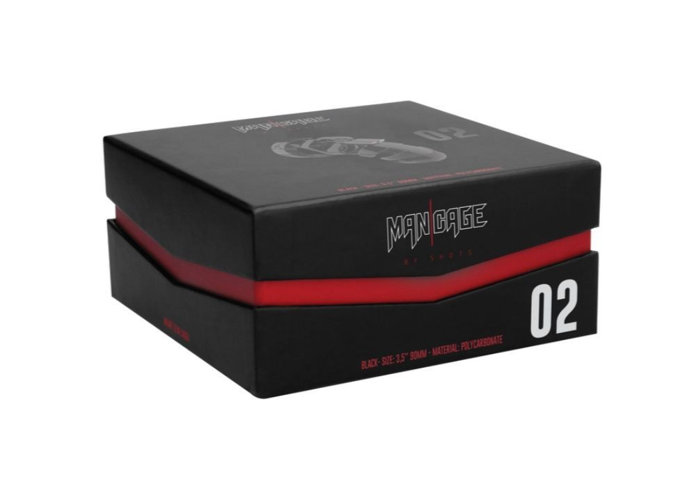 Black and red shoe box with 'Man Cage' branding on a white background