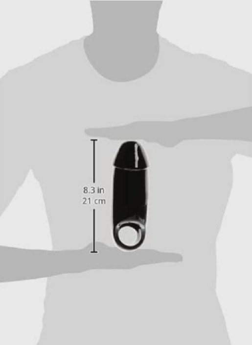 Black cylindrical object held in a hand with size measurement labels