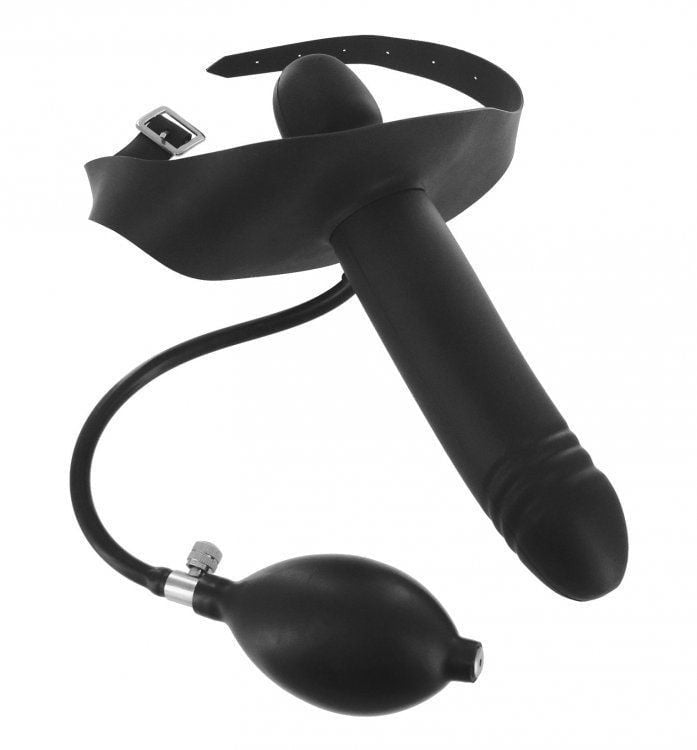 Black inflatable strap-on dildo with pump on a white background