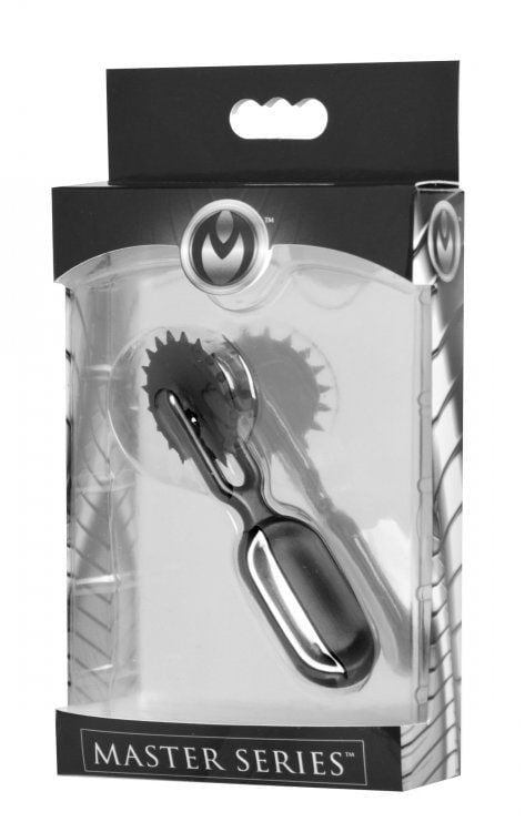 Metallic medical sex tool in packaging with 'Master Series' branding on a white background