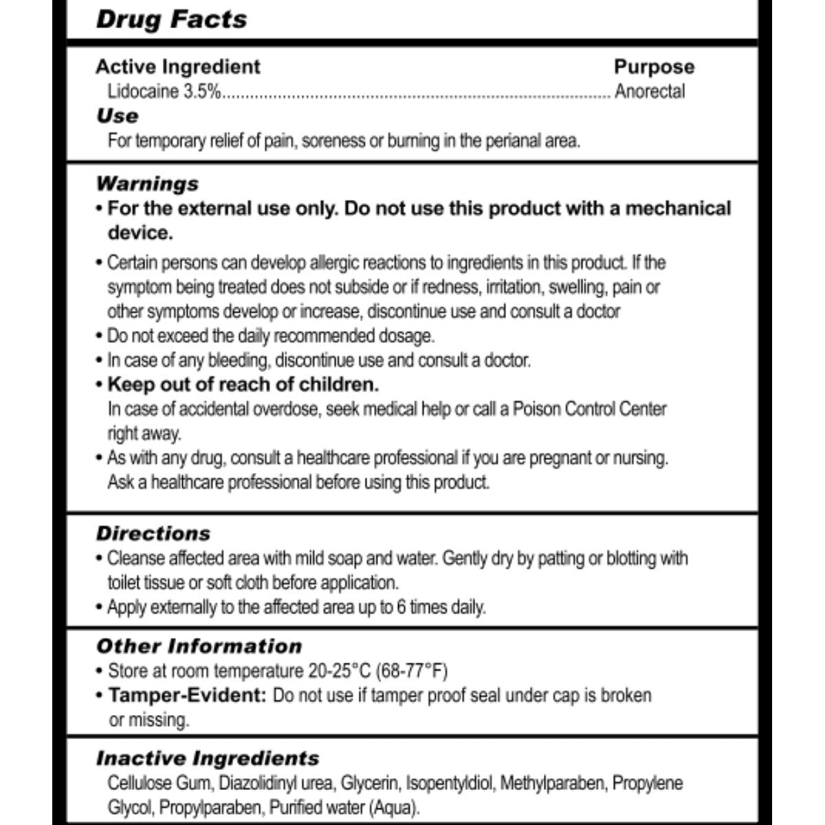 Drug facts label for a topical medication with active ingredient Lidocaine 3.5%.