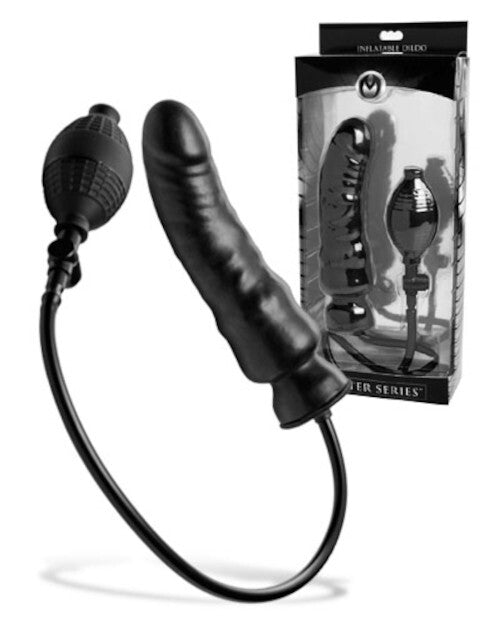 Black silicone penis shaped shaft with hose and packaging on a white background