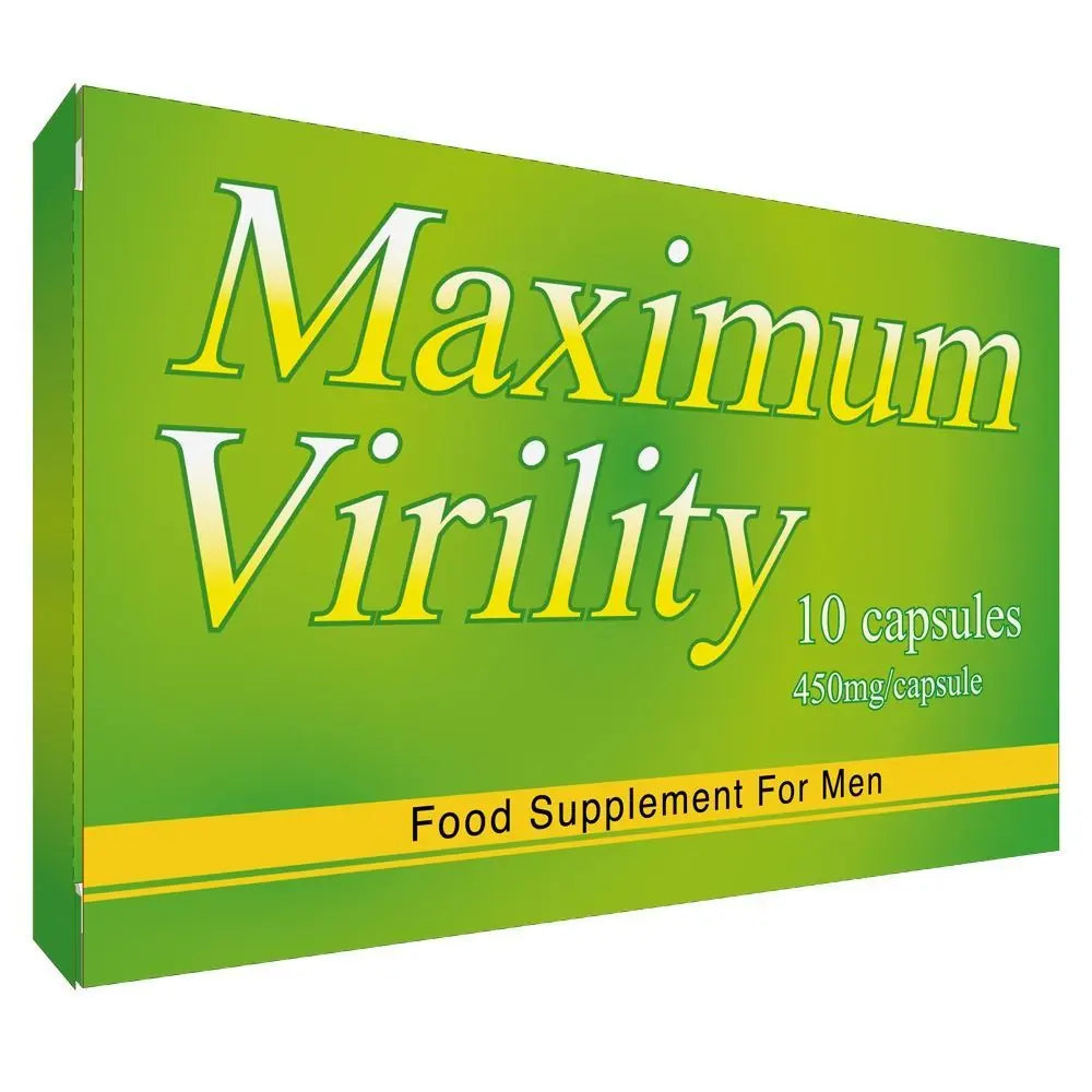 Green box of 'Maximum Virility' food supplement for men on a white background