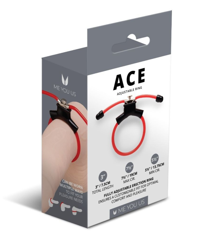 Box packaging of ME YOU US ACE adjustable cock ring with red band and black clasp.