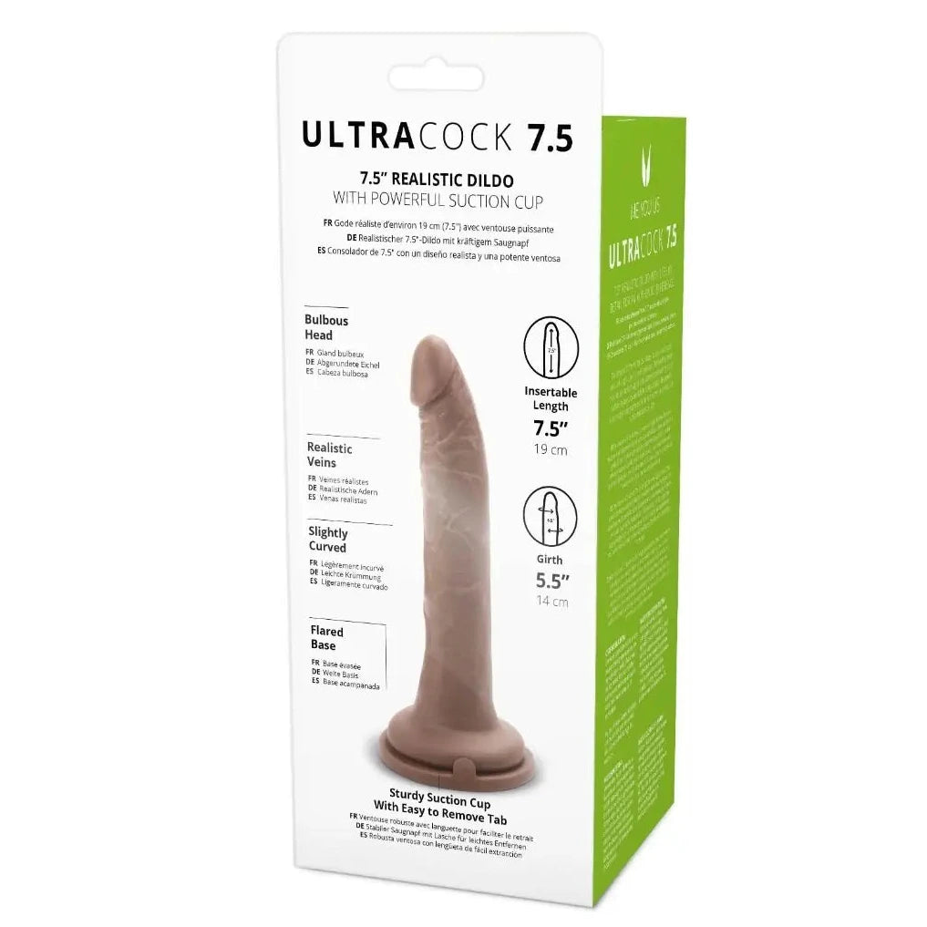 Box of Ultra Cock 7.5 realistic dildo with suction cup on a white background