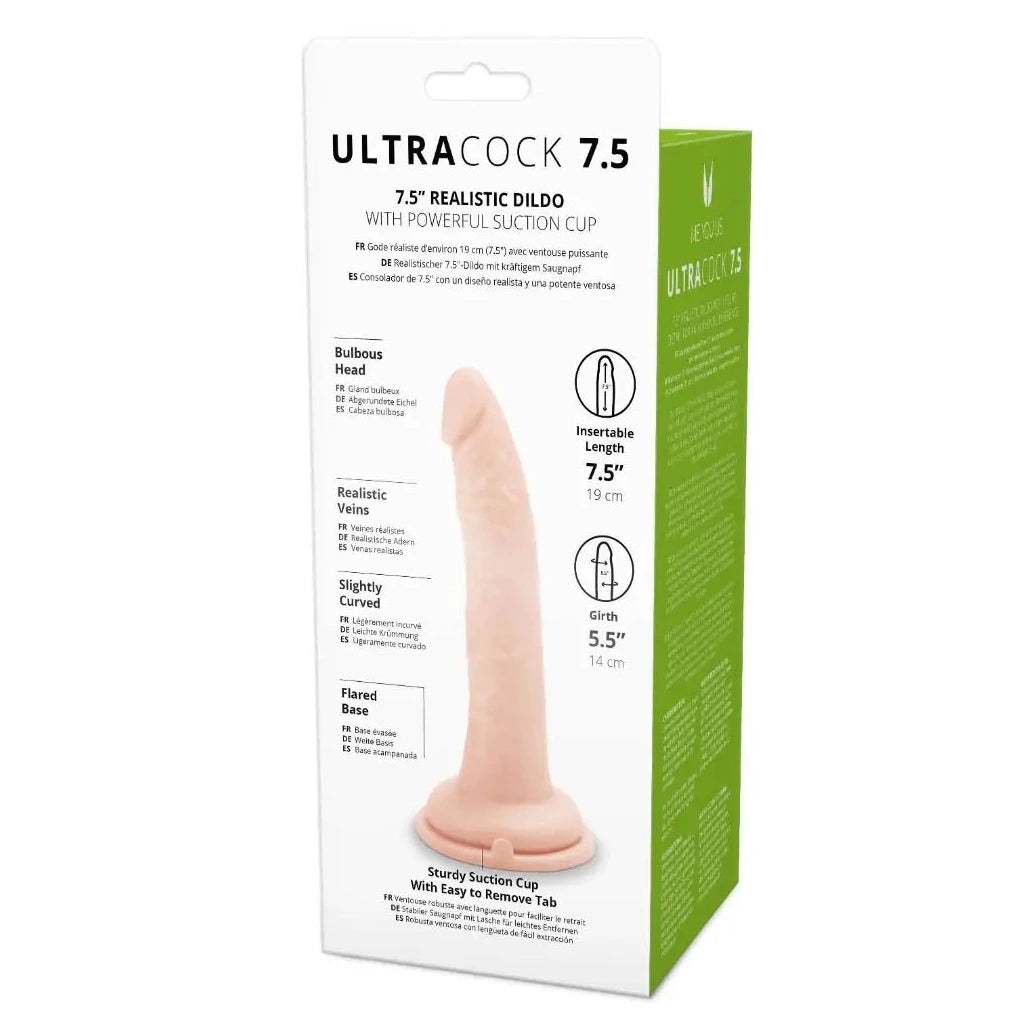 Box of Ultra Cock 7.5 realistic dildo with suction cup on a white background