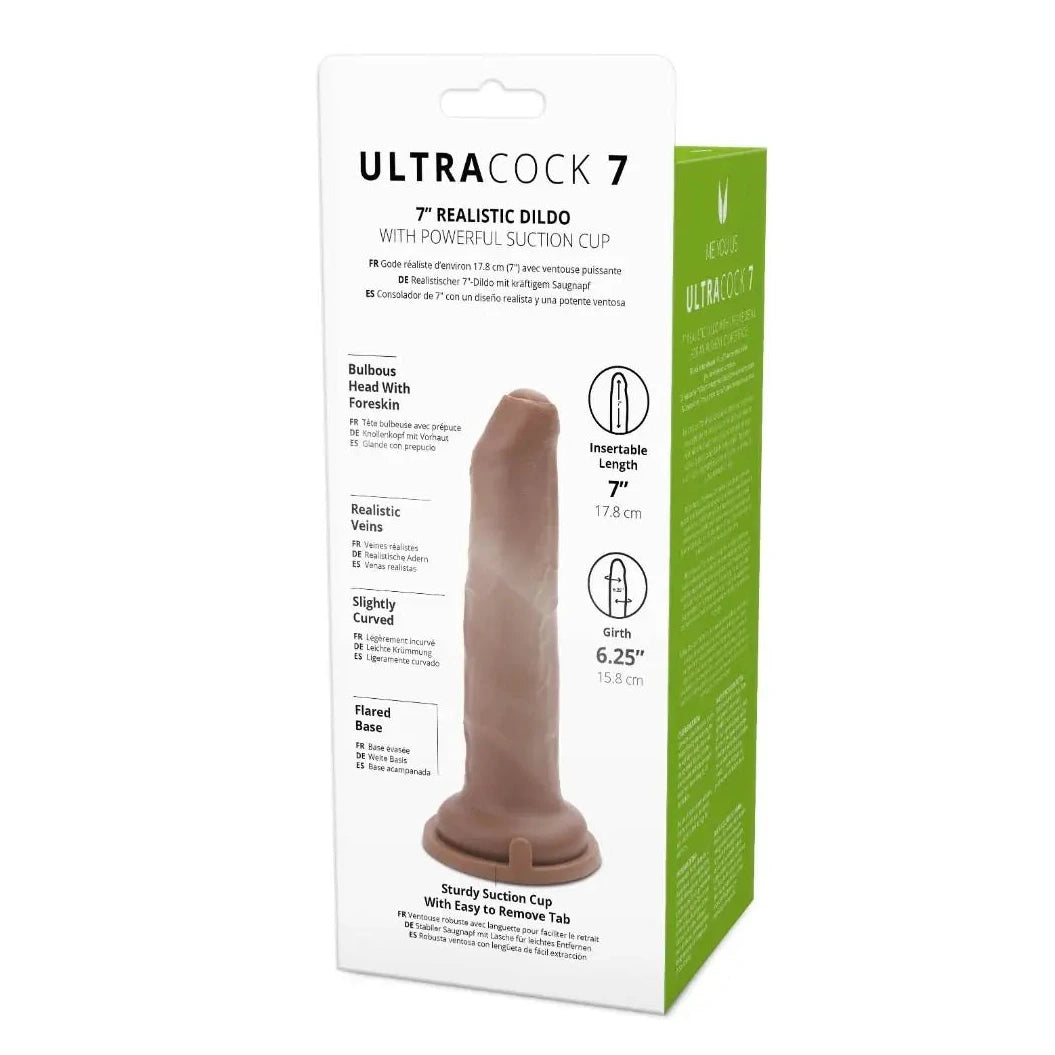 Package of Ultra Cock 7 realistic dildo with suction cup on a white background