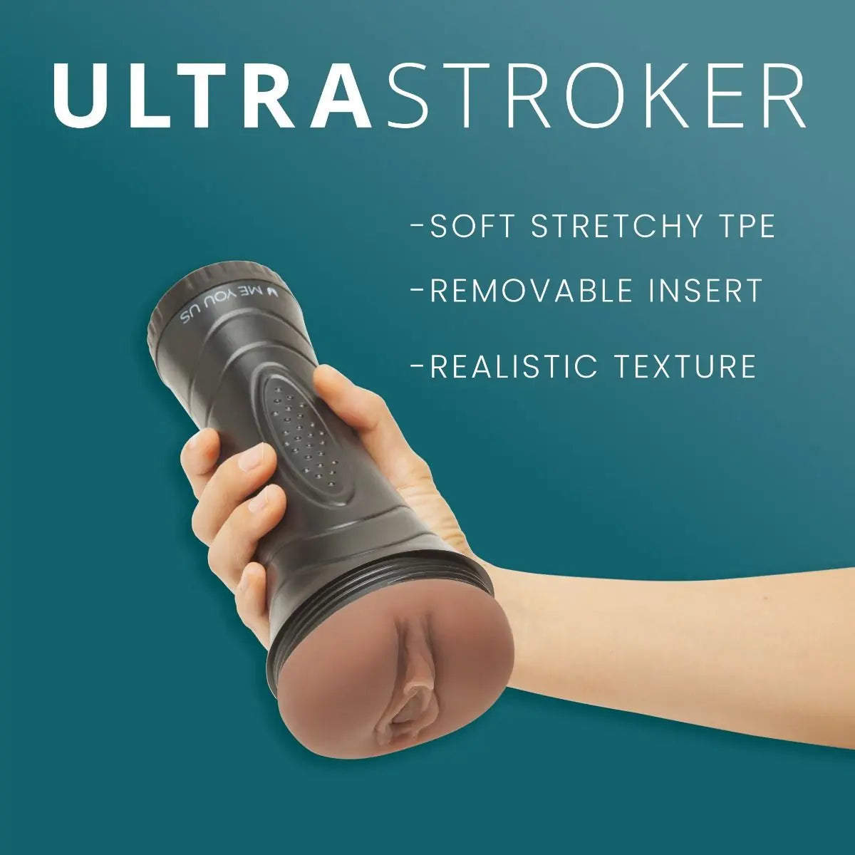Hand holding a black Ultra Stroker product against a teal background with text highlighting features.