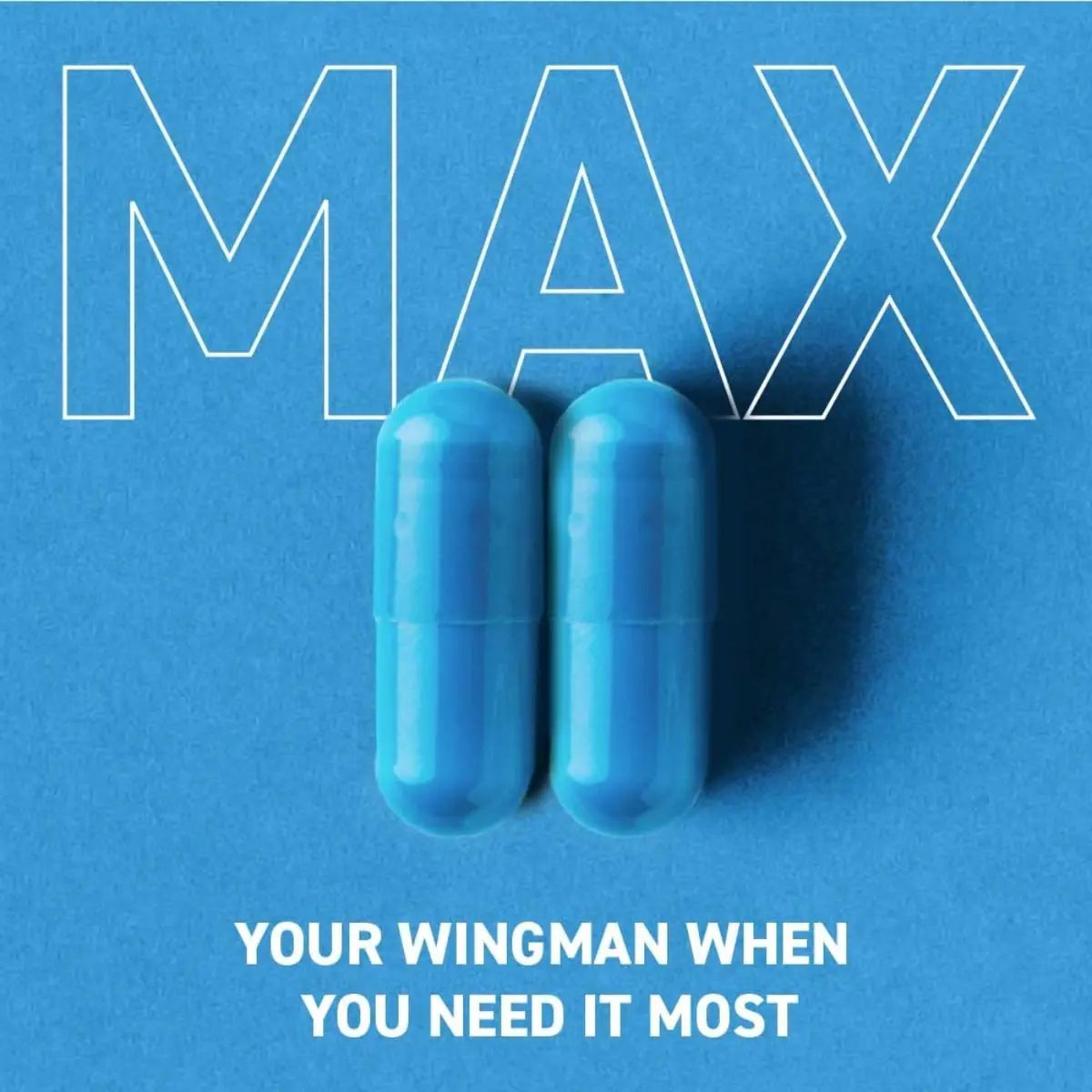 Two blue capsules on a blue background with 'MAX' and promotional text.