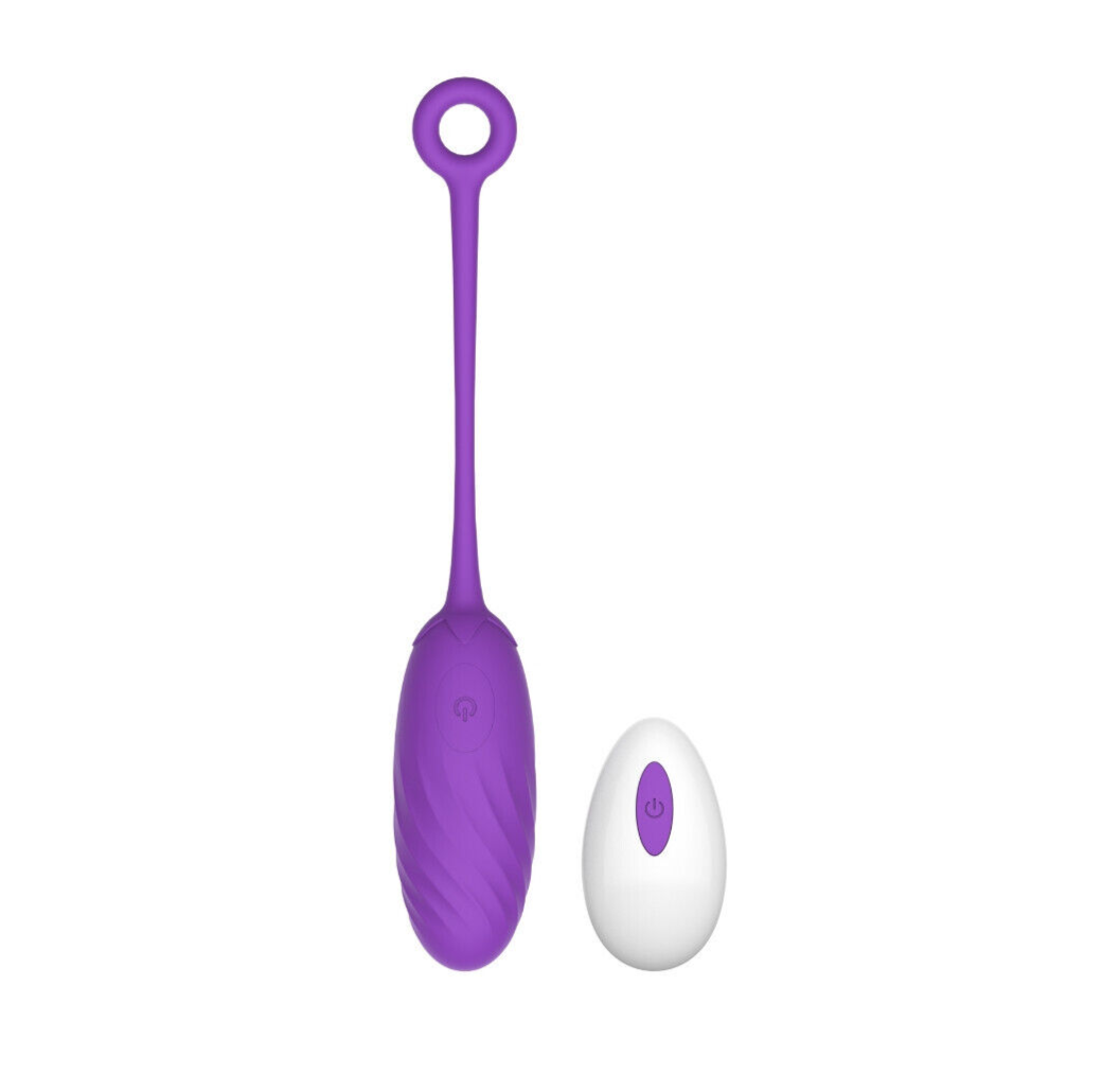 Purple and white egg-shaped vibrator on a white background