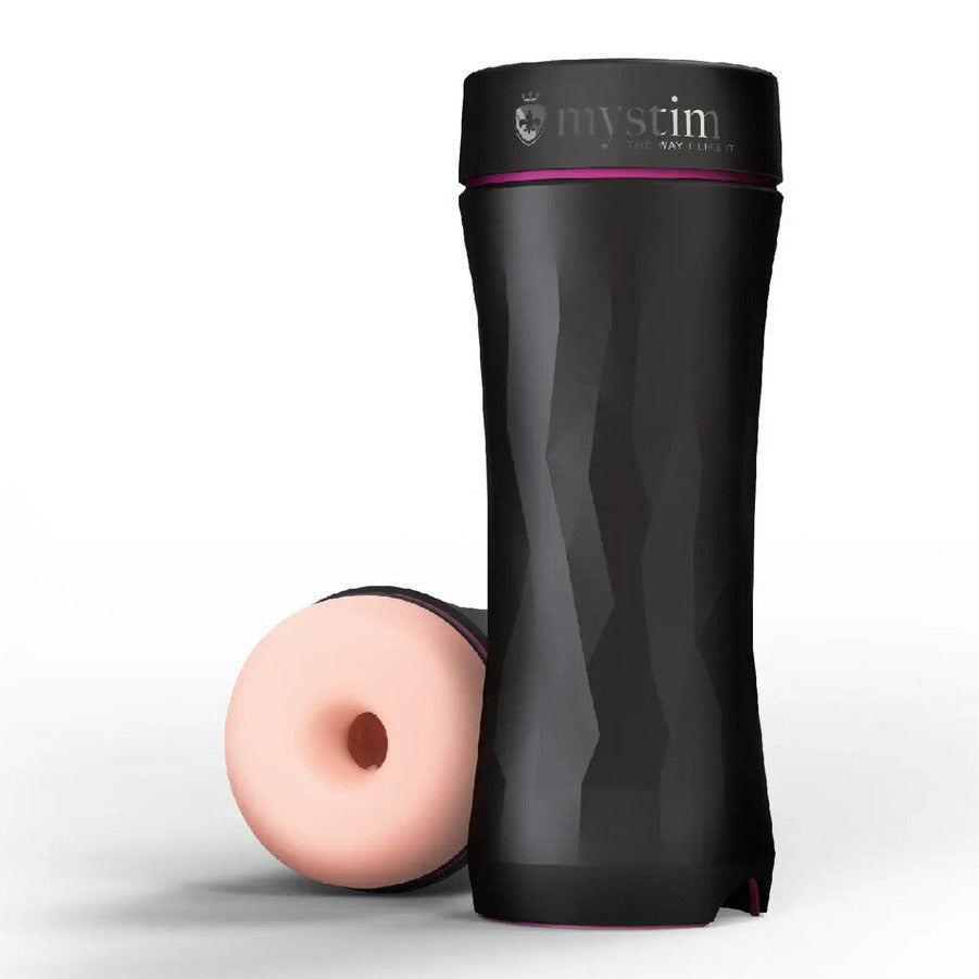 Black cylindrical masturbator container with pink object on a white background