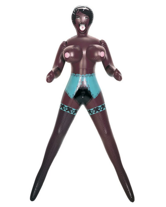 Sex Toy figure with a dark brown skin tone and teal outfit on a white background
