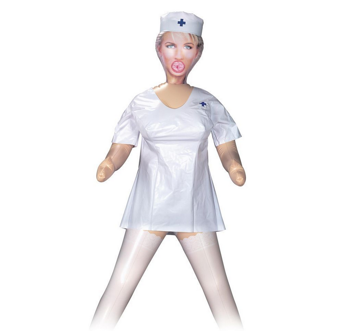 Sex doll dressed in a white nurse outfit with a hat on a white background