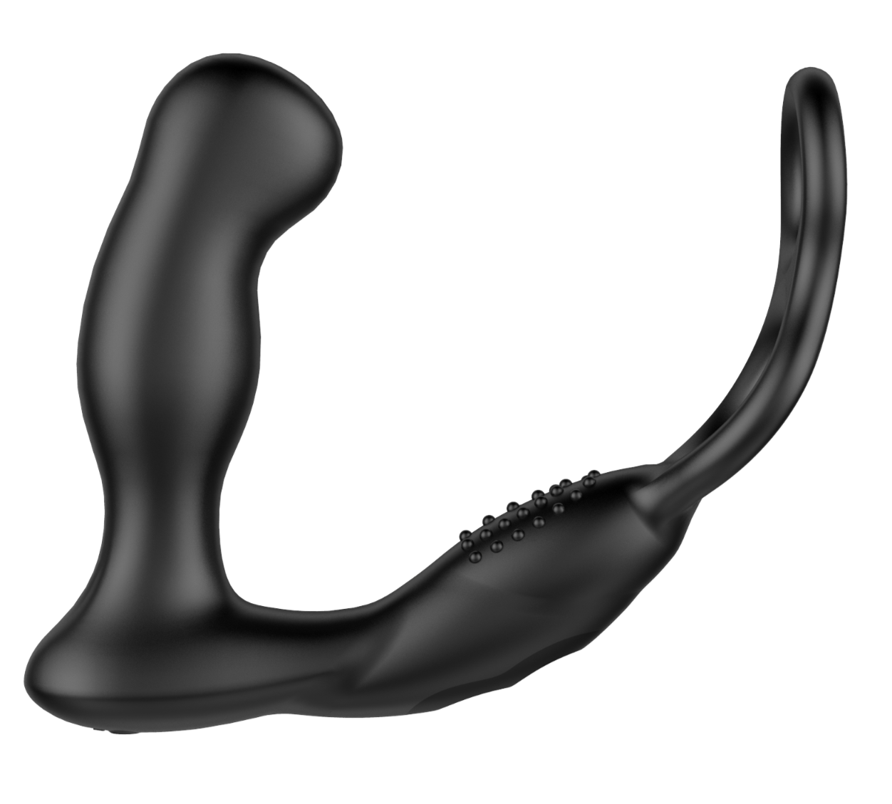 Black curved anal massager with textured surface on a white background
