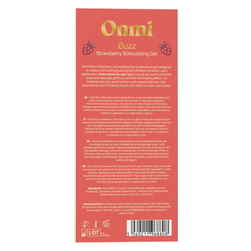The back of the Onmi Buzz Strawberry Stimulating Gel packaging, featuring a coral red background with gold and white text, strawberry illustrations, and a barcode.