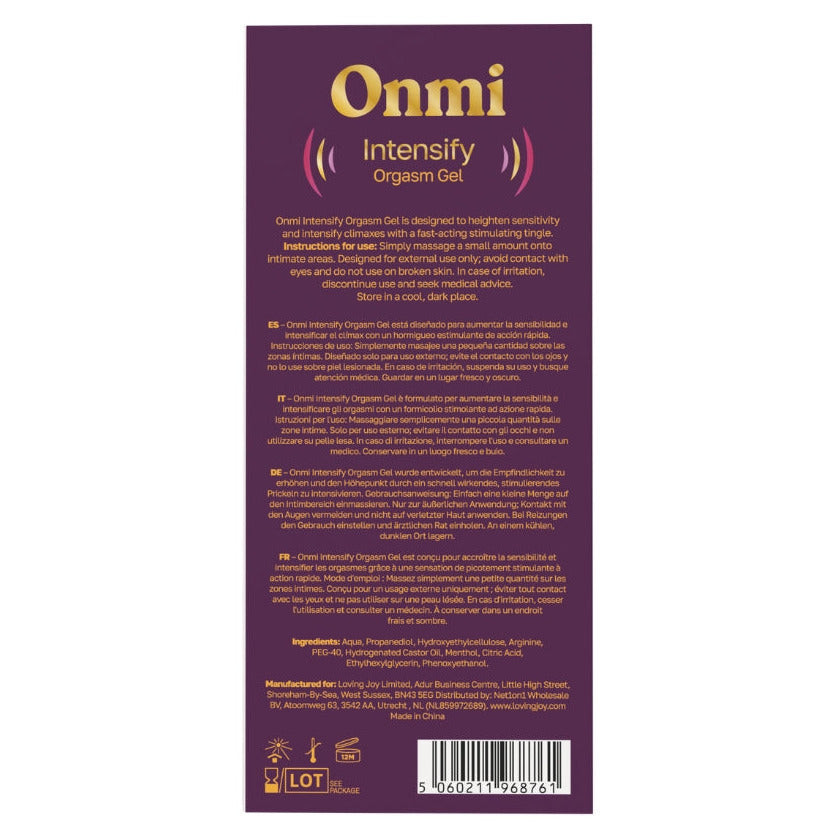 The back of the Onmi Intensify Orgasm Gel packaging, featuring a dark purple background with gold and white text, product details, and a barcode.