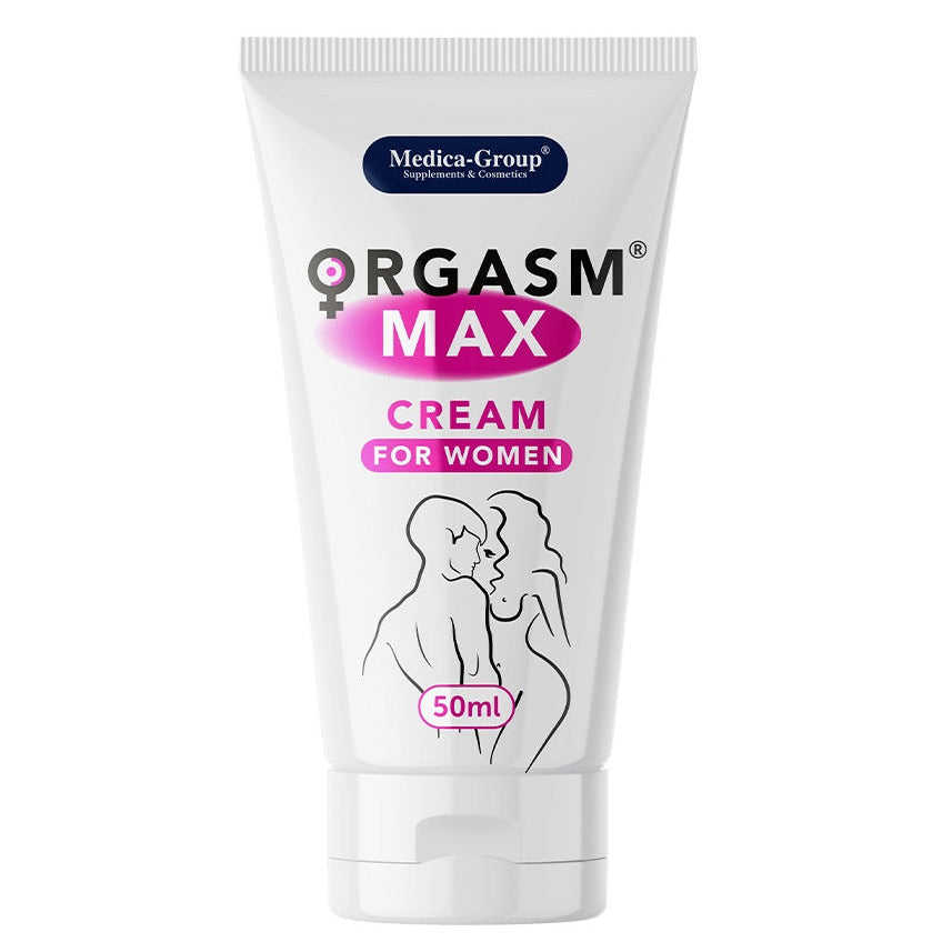Tube of 'Orgasm Max' cream for women by Medica Group on a white background
