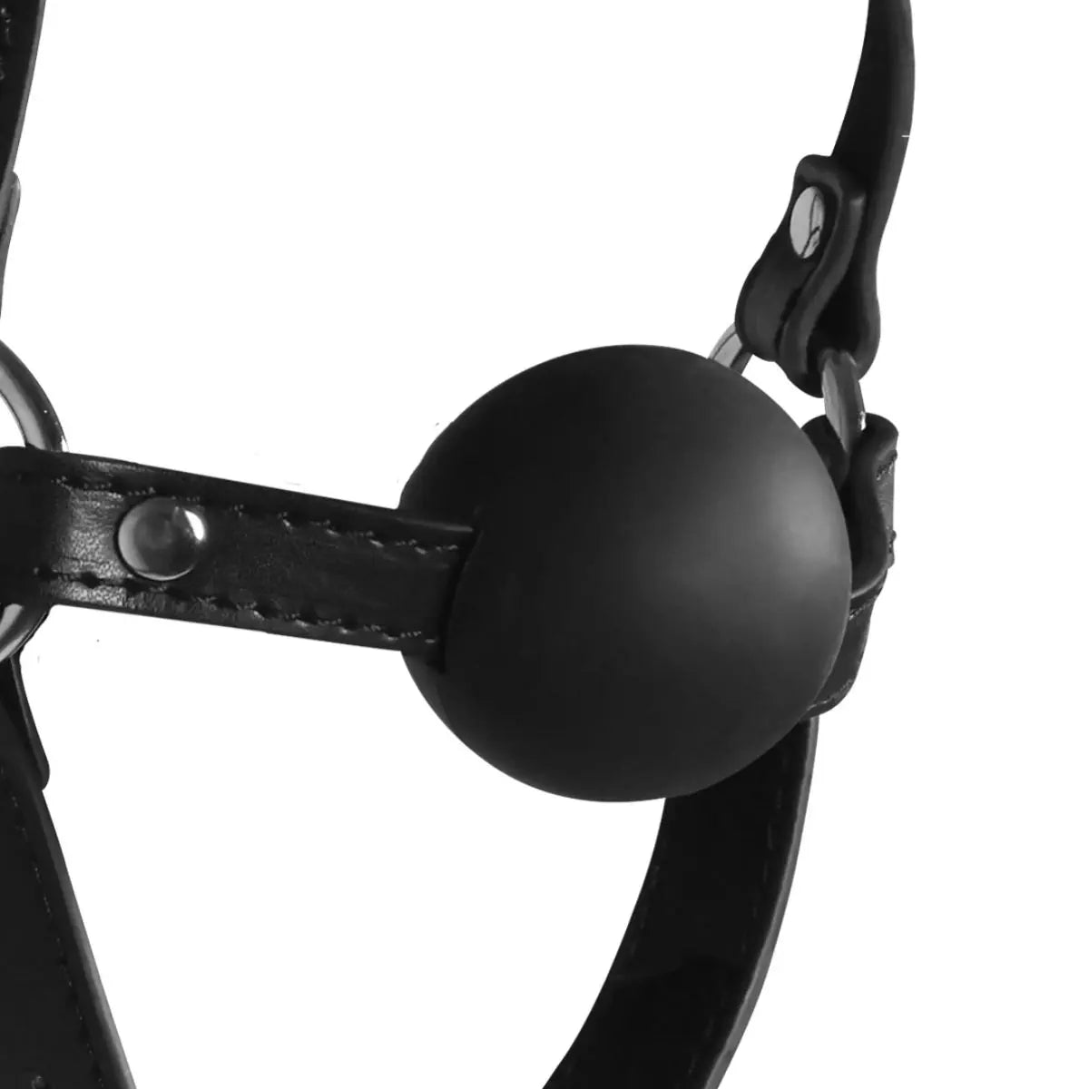 Black leather bridle with a large black ball on a white background