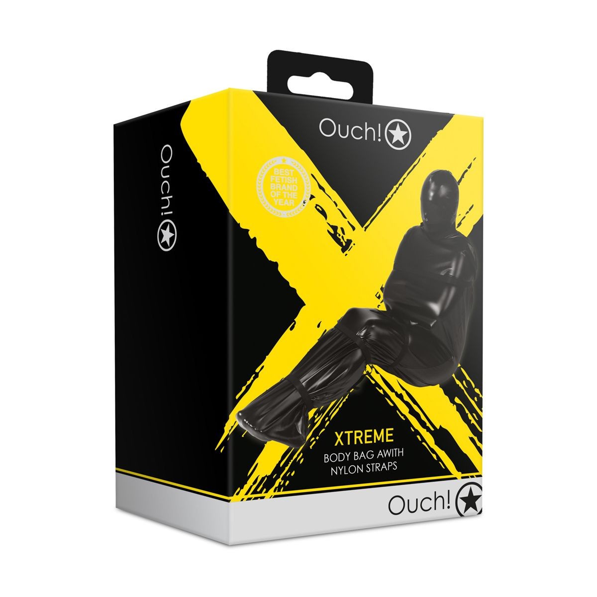 Ouch! Xtreme body bag packaging with yellow and black design on a white background