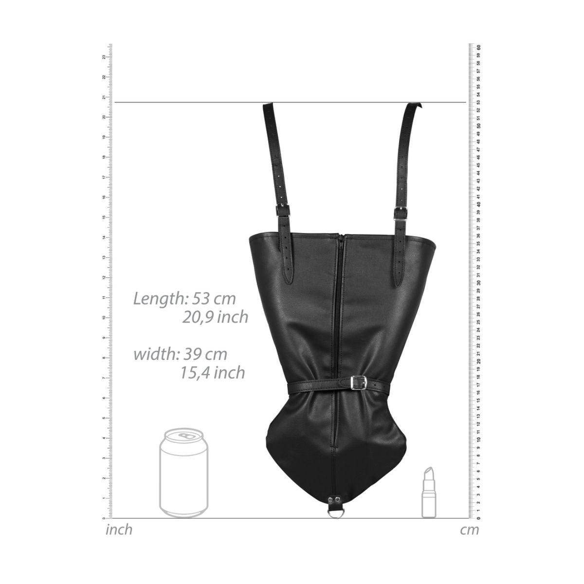 Black leather bondage sleeve with measurement chart on a white background