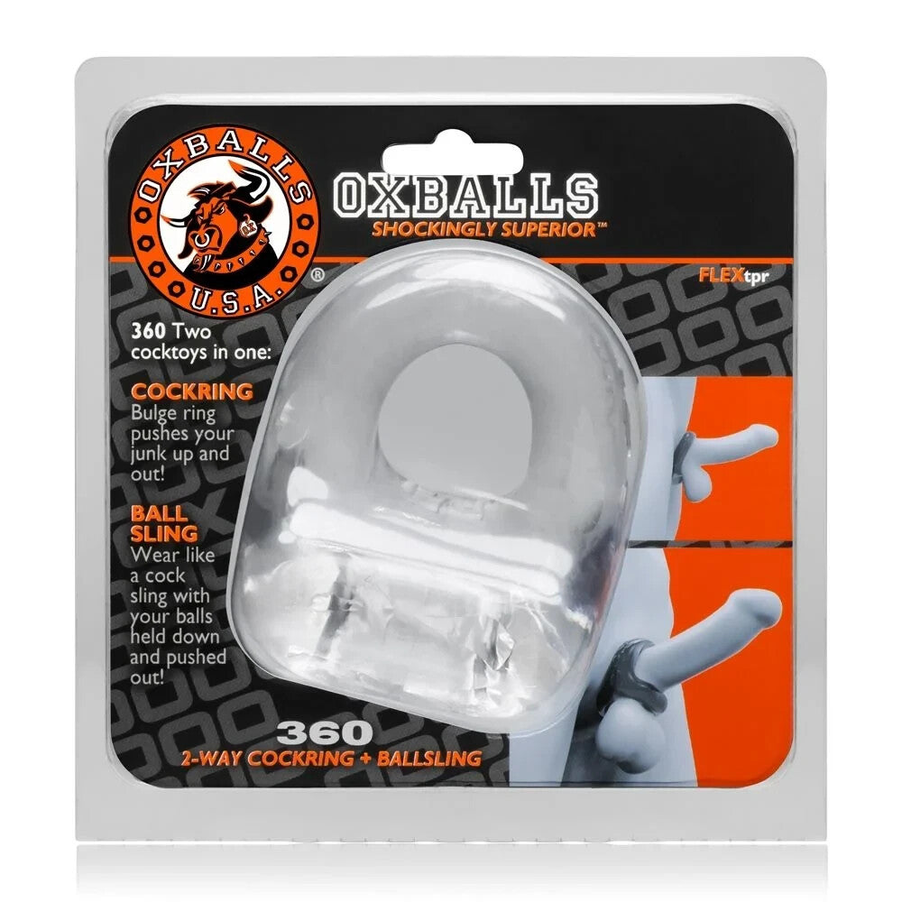 Oxballs product packaging with clear cock ring on a black and orange background