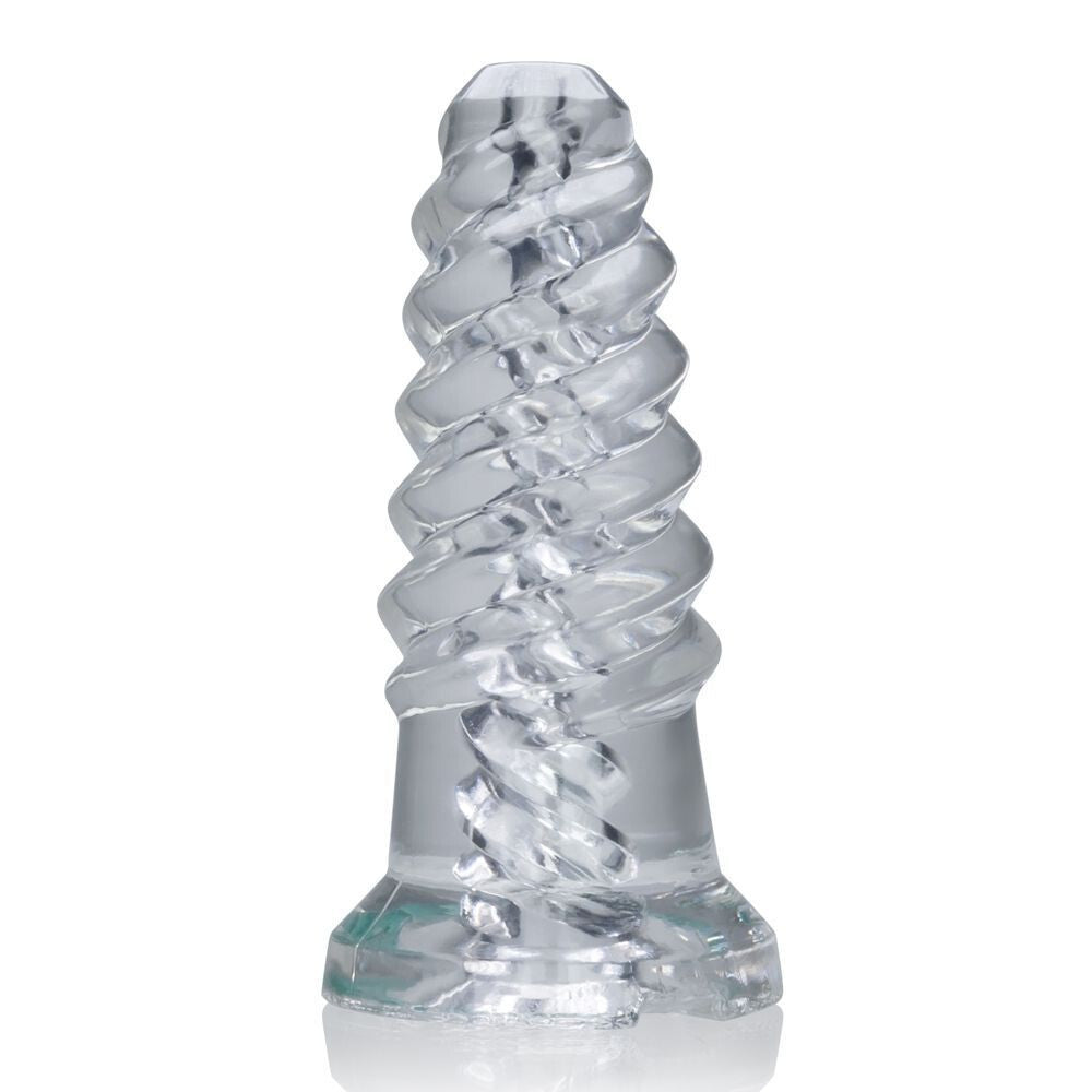 Clear silicone spiral masturbator on a white background