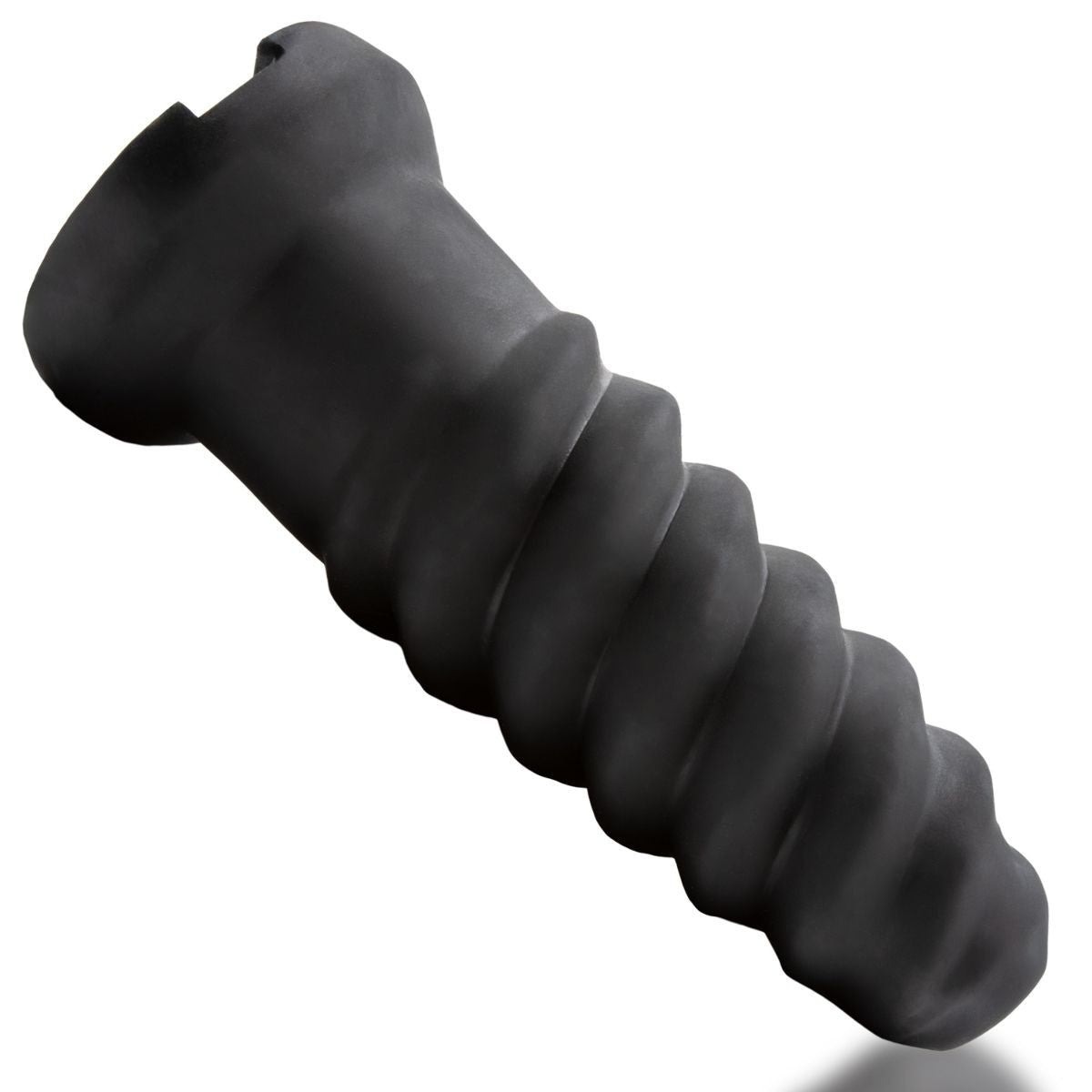 Black silicone penis sleeve masturbator on a white background