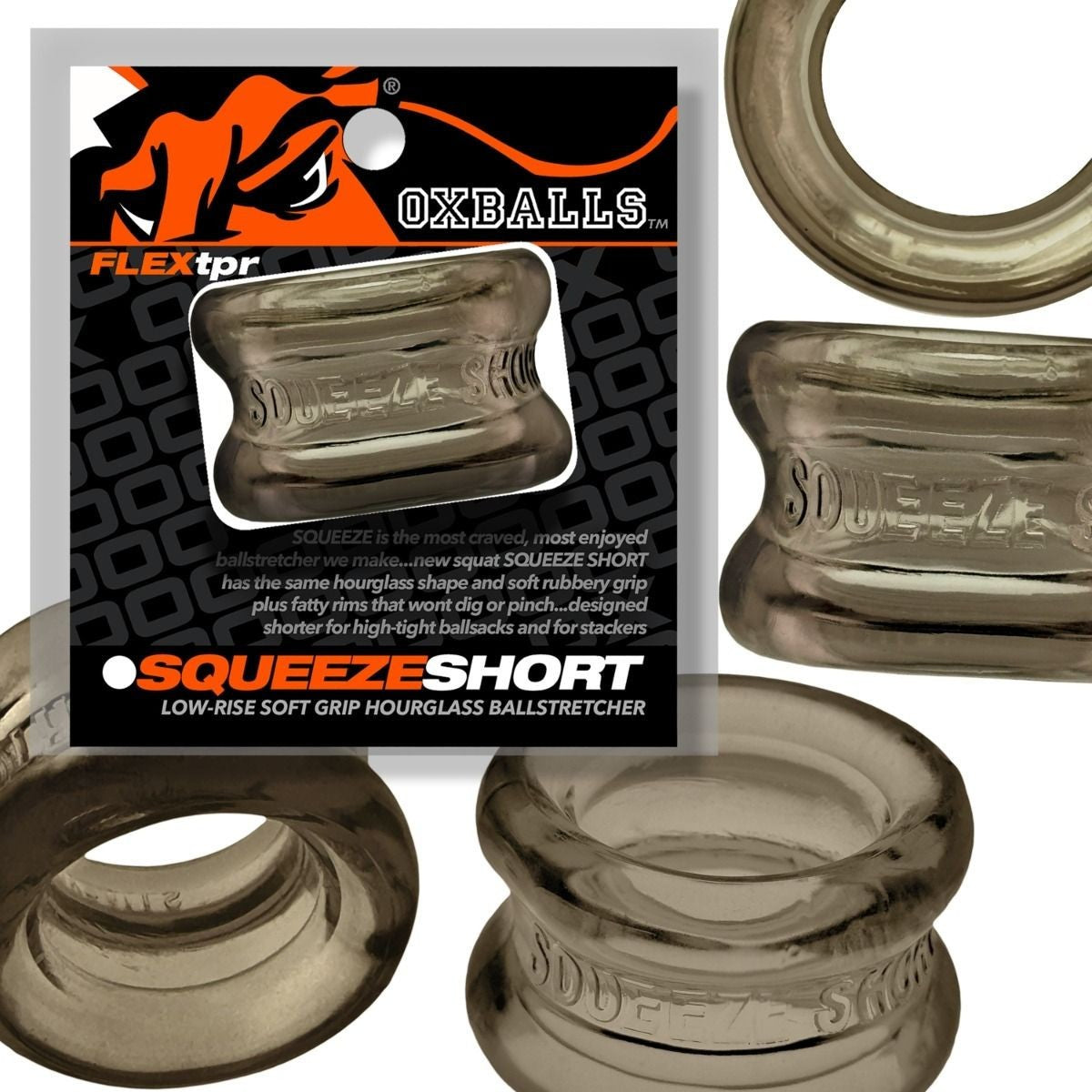 Squeeze Short low-rise soft grip hourglass stretchers with OXballs packaging.