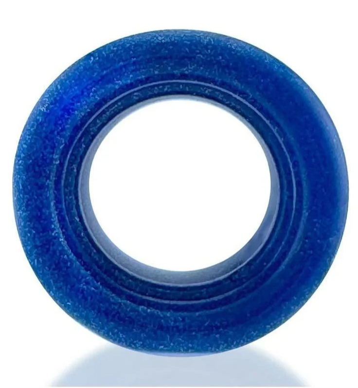 Blue silicone cock testicle ring on a white background