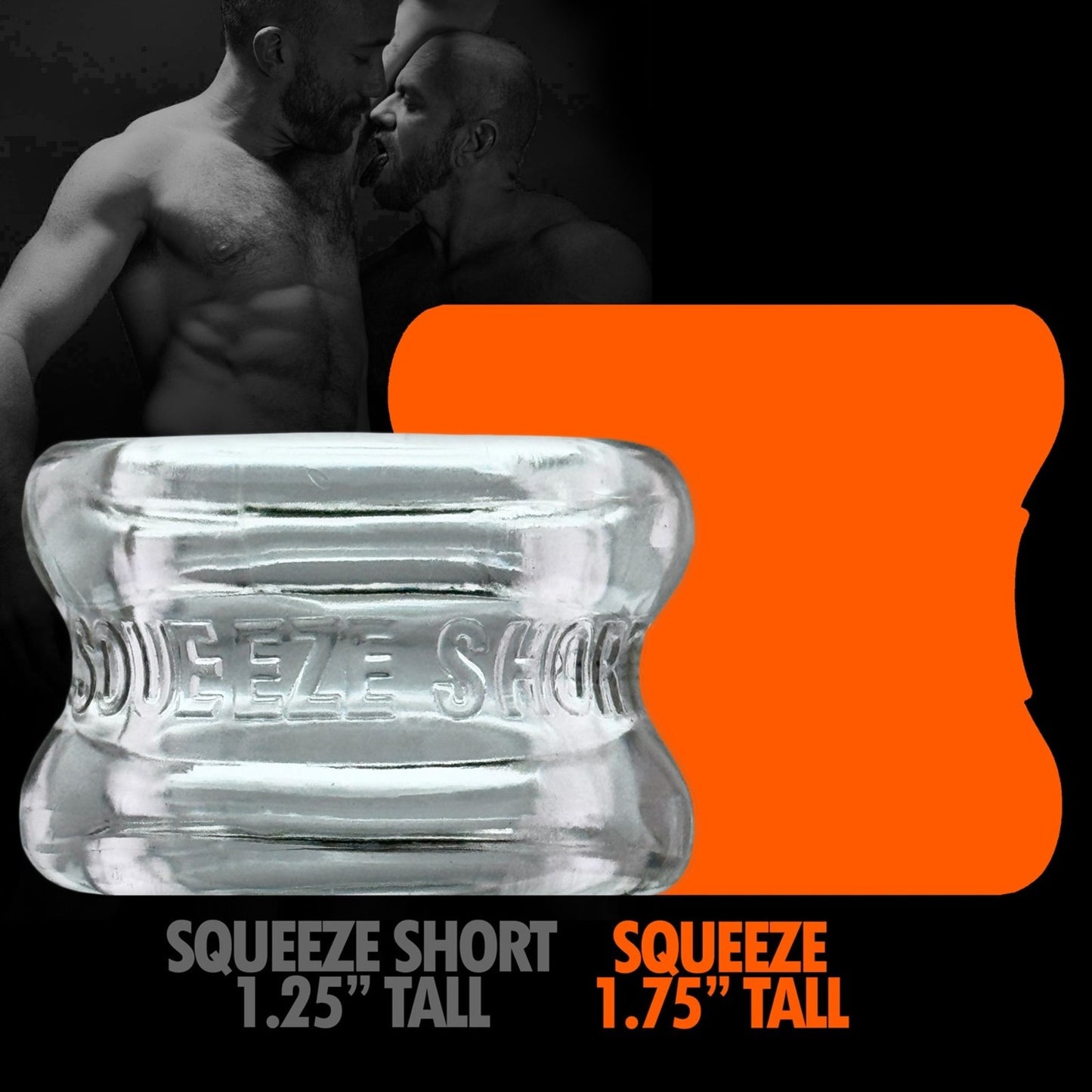 Clear silicone 'Squeeze Short' product with text on an orange and black background