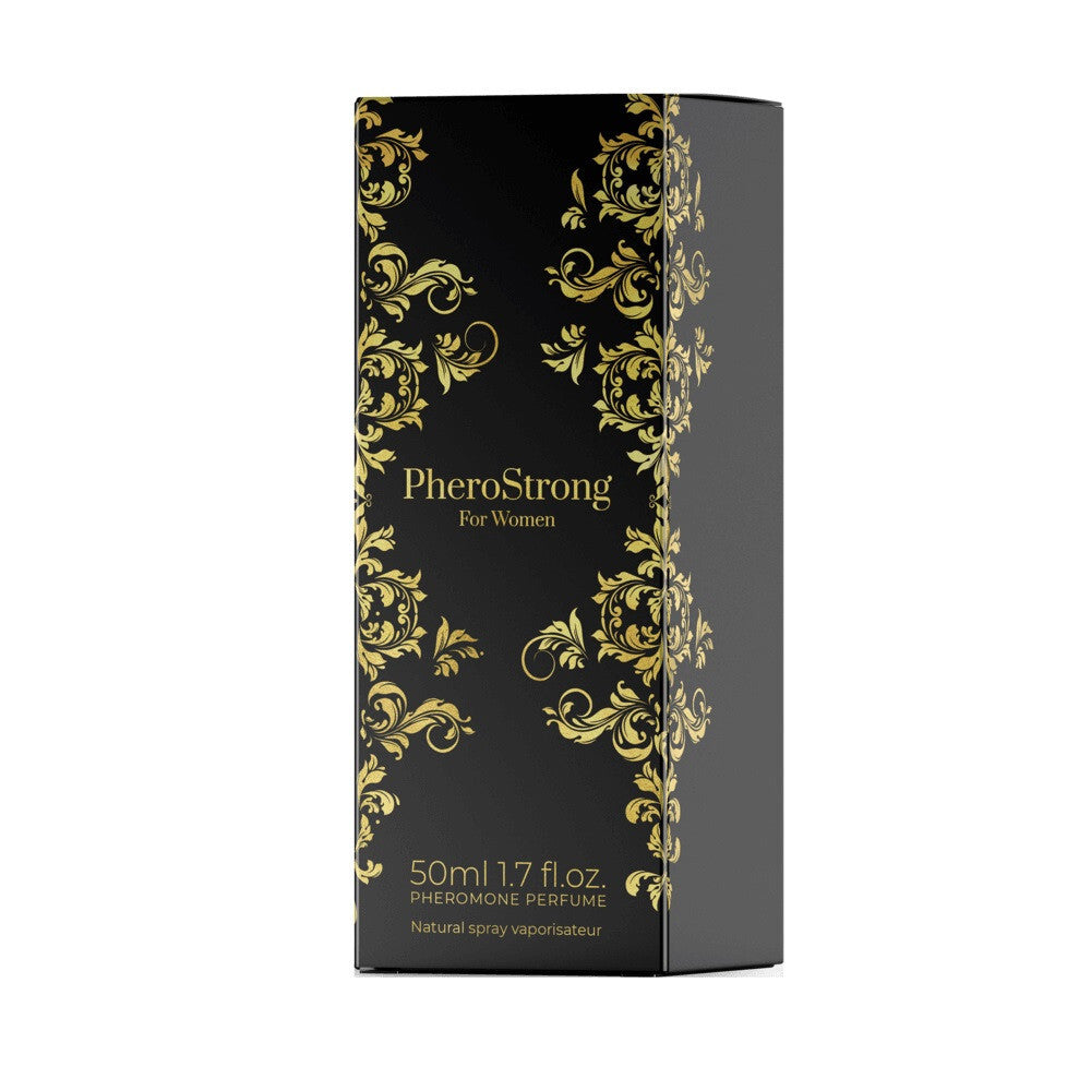 Black and gold PheroStrong perfume box on a white background