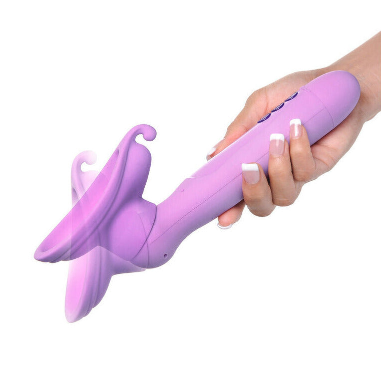 Purple handheld device held by a hand on a white background