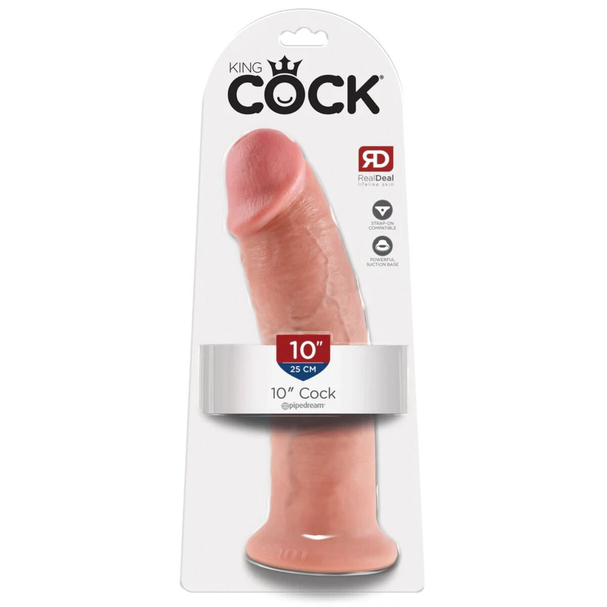 Package of a 10 inch silicone cock with 'King Cock' branding on a white background