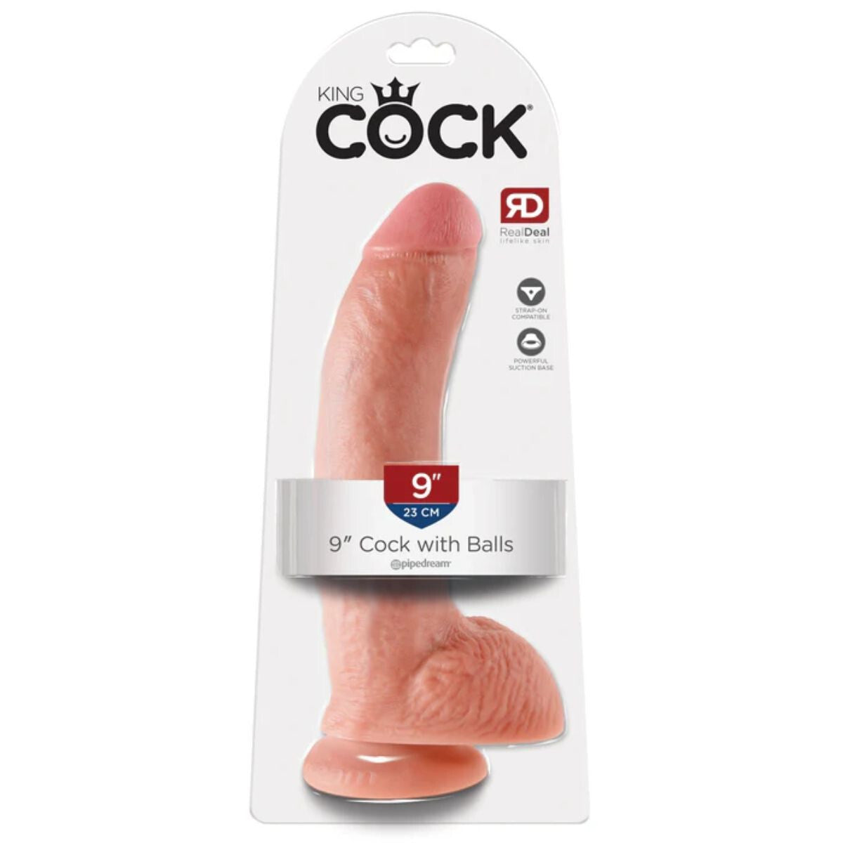 Package of a 9-inch cock with balls sex toy, branded 'King Cock', on a white background.