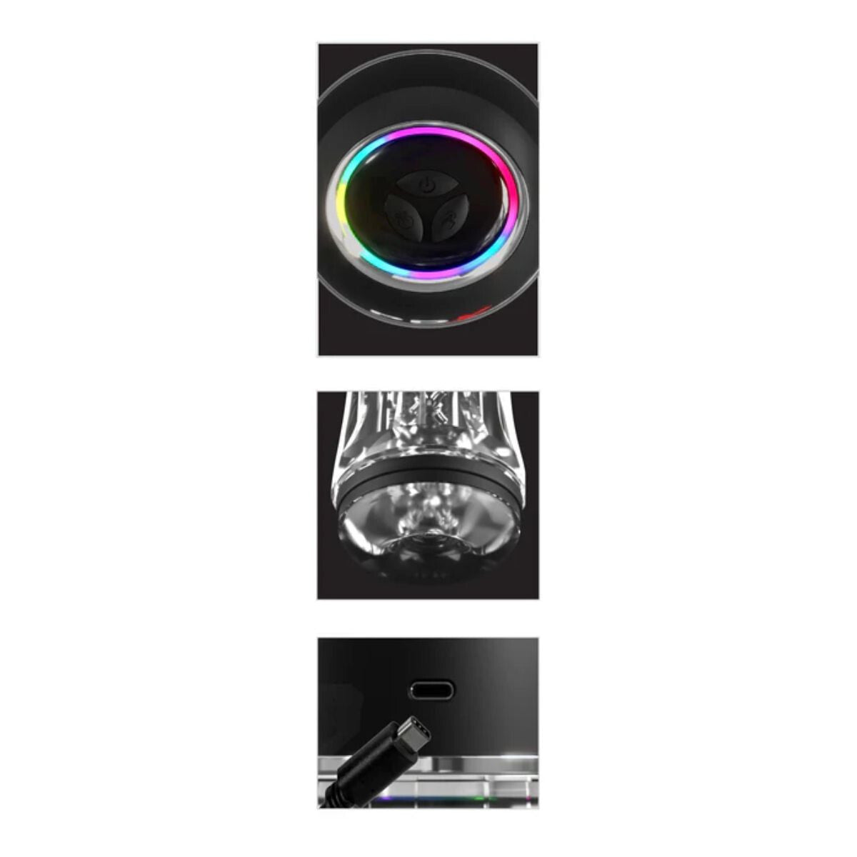 Collage of a black electronic device with colorful lighting and a USB cable.