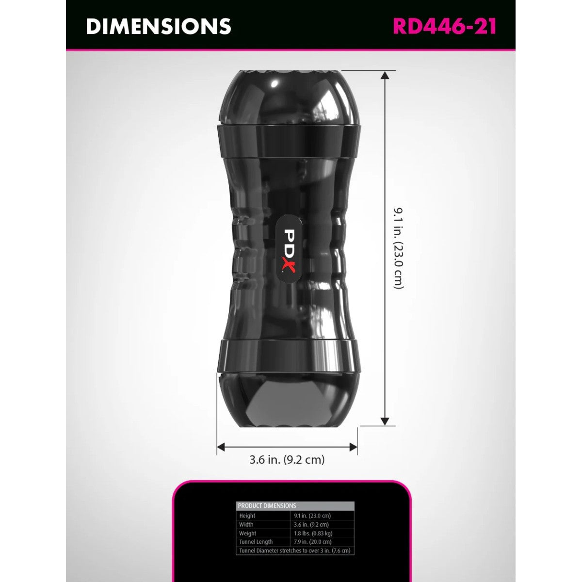 Black PDX product with dimensions labeled on a gray background