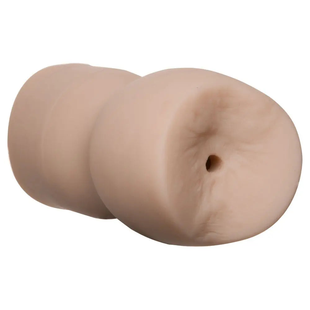 Beige-colored object resembling a stylized representation of a human body on a white background