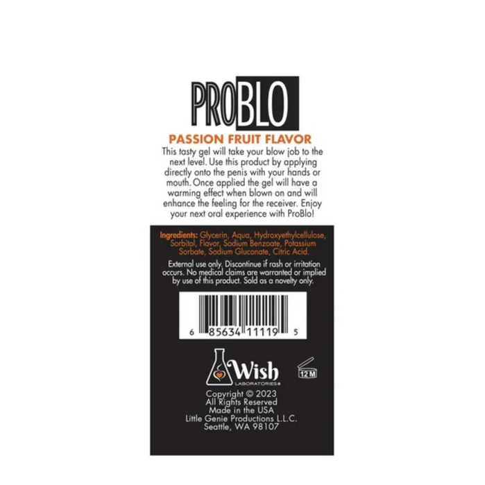 Back label of a product with 'PROBLO' branding and text on a white background