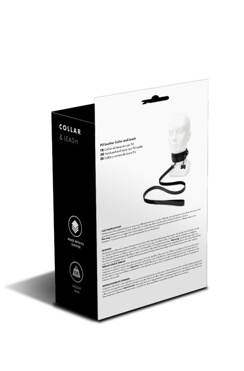 Product packaging for a collar and leash set on a white background