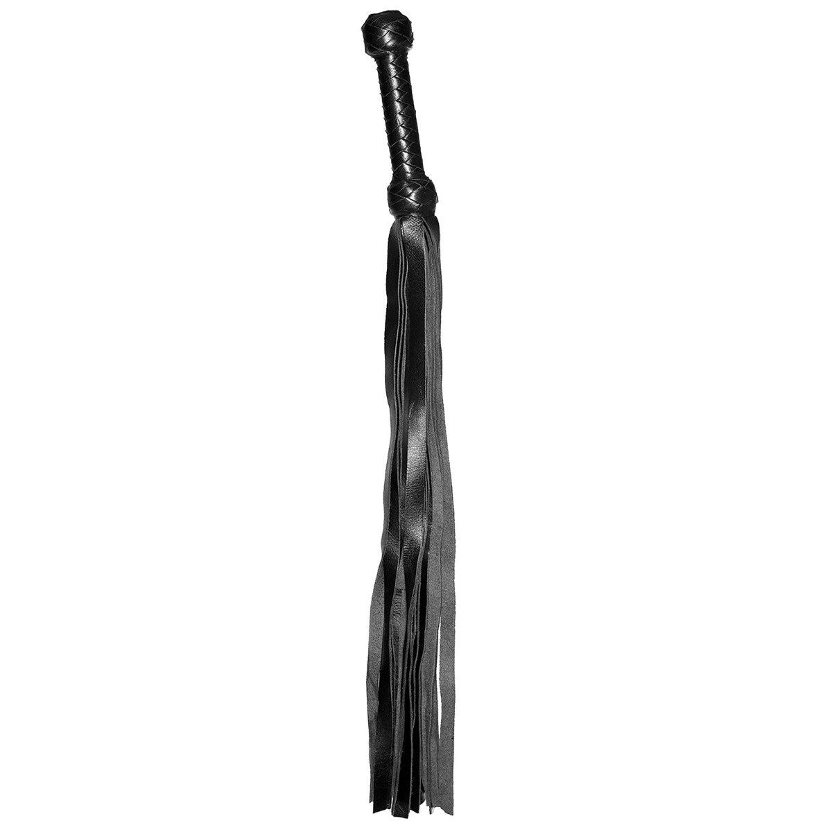 Black leather flogger on a white background