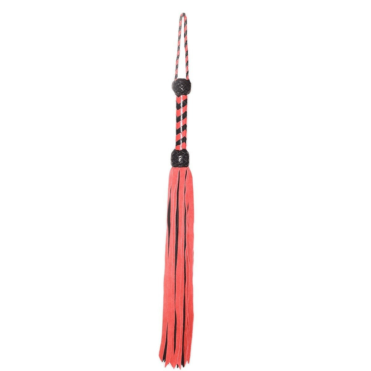 Red and black leather flogger on a white background