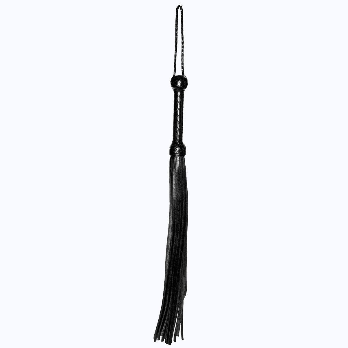 Black leather whip on a white background