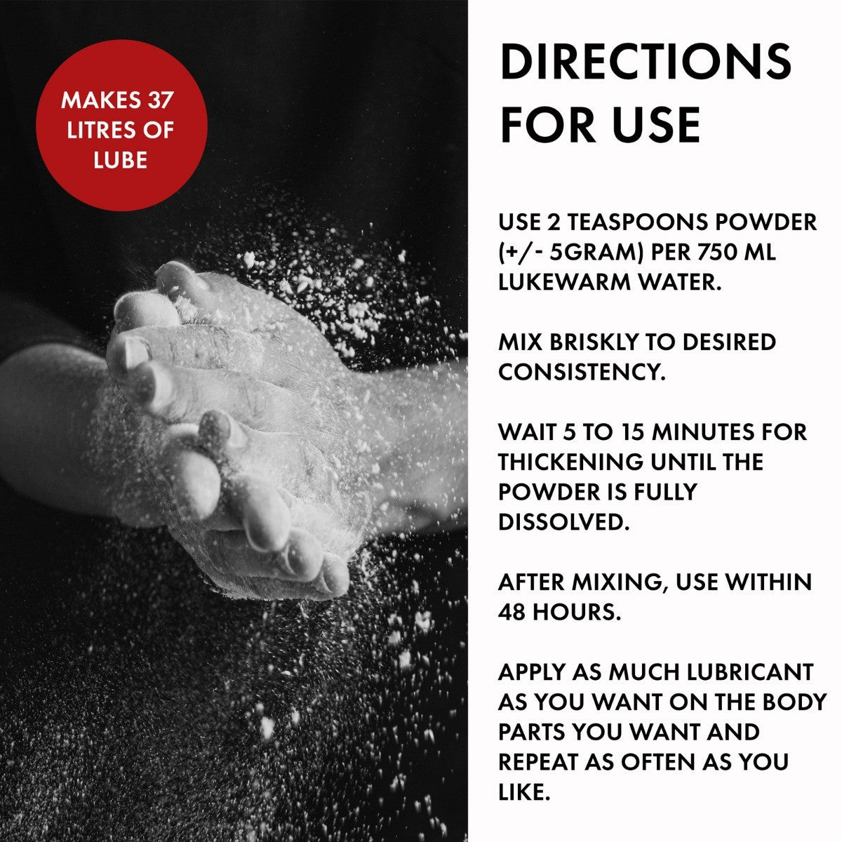 Lubricant powder being applied to a hand with usage instructions on a black background.