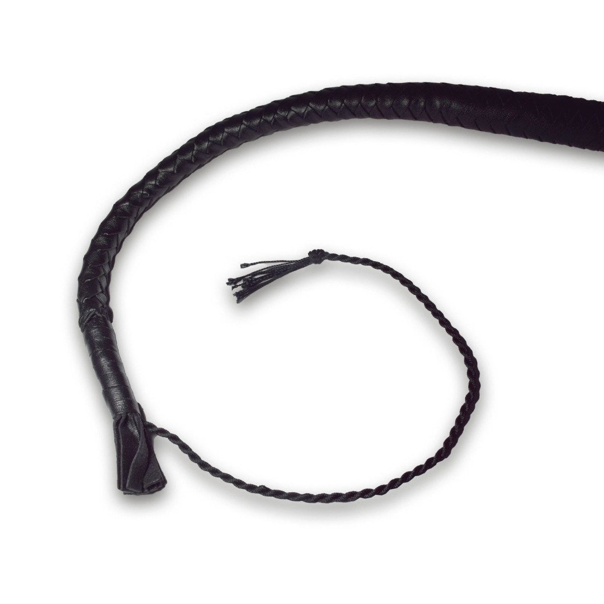 Black braided leather whip on a white background