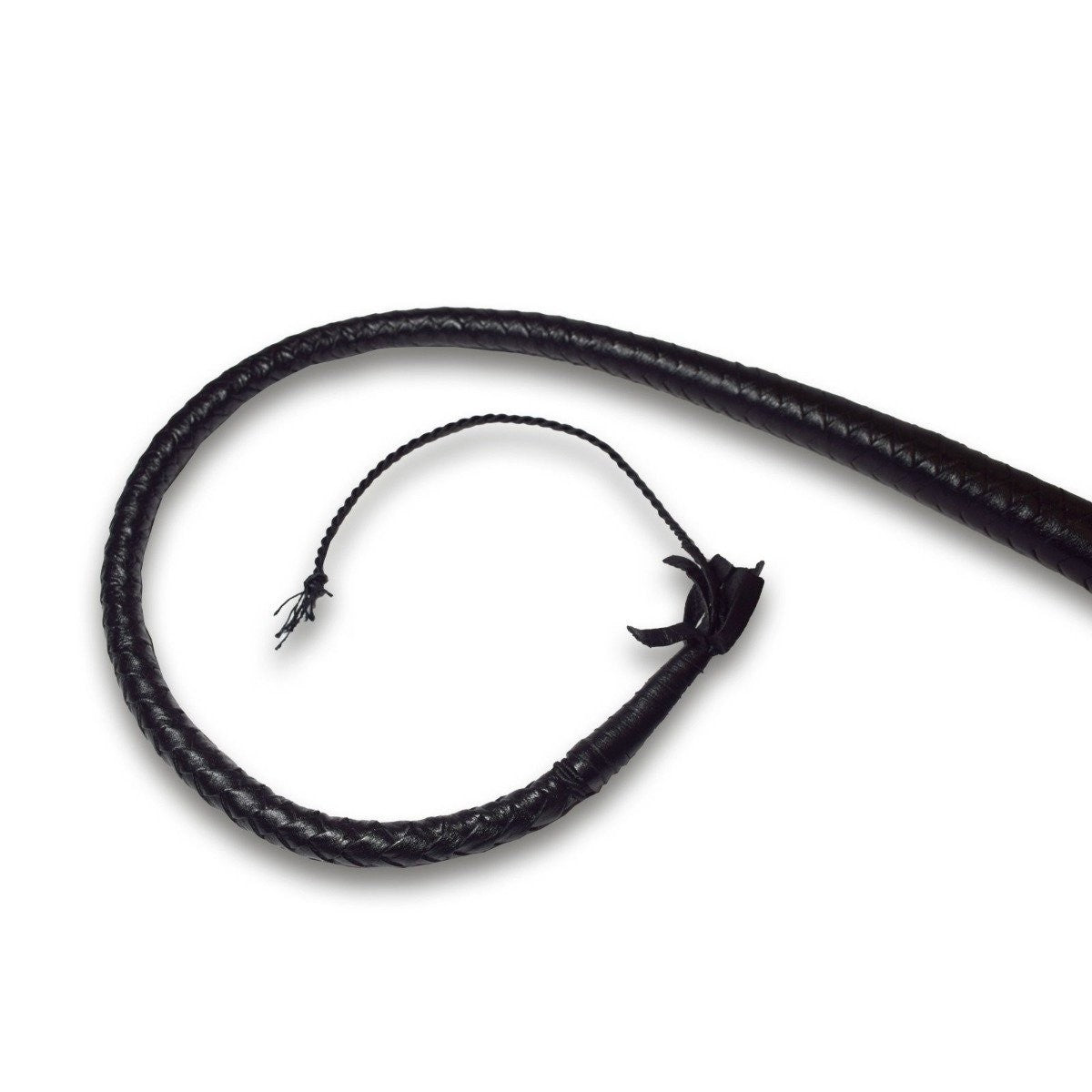 Black leather whip on a white background