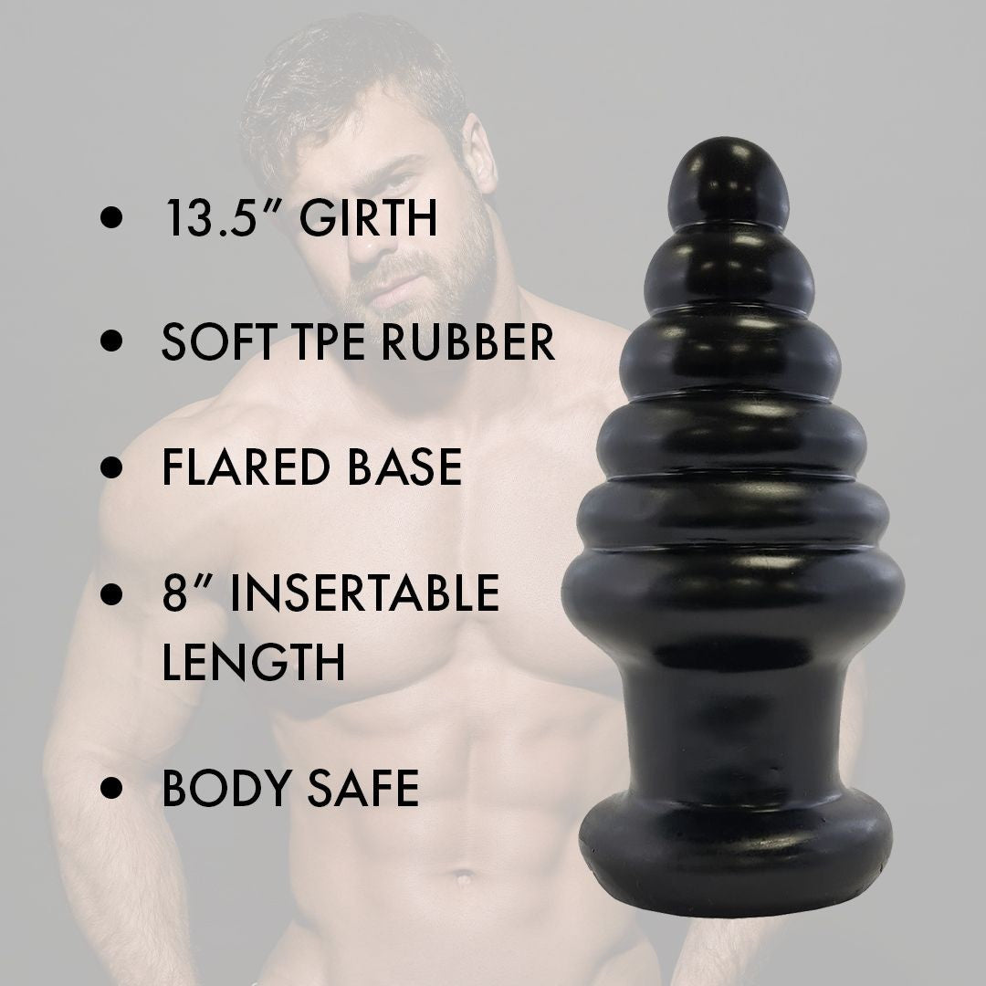 Black rubber sex toy with specifications listed on a gray background